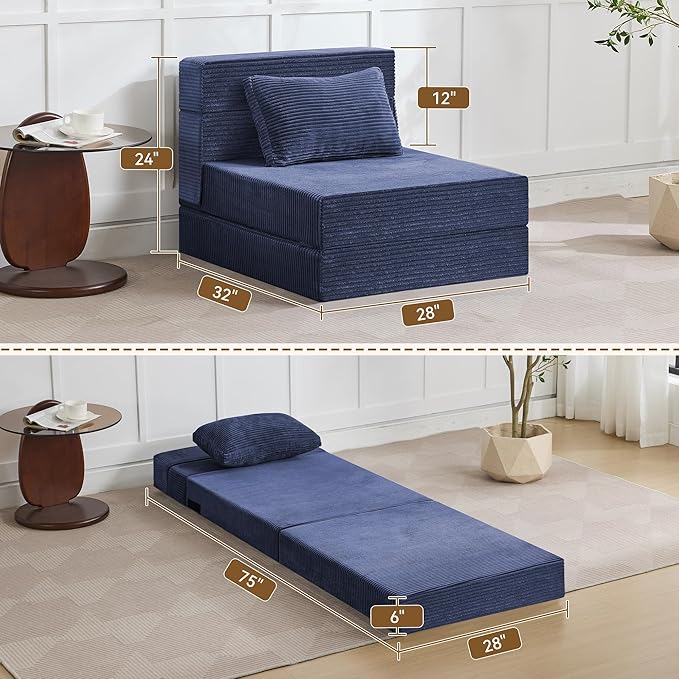 WUTUTUEE Folding Sofa Bed Convertible Floor Couch Foldable Chair Bed with Pillow，Linen Sleeper Chair Futon,Foldable Memory Foam Mattress for Bedroom/Living Room/Dorm/Office (Corduroy Navy, Single)