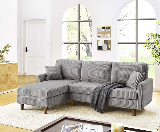 Eafurn L Shaped Modular Sectional Sofa with Left Chaise Lounge, 3 Seater Corner Sectional Couch Corduroy Upholstered Sofa Set w/Thickness Seat Cushions for Living Room Apartment | Wooden Frame, Removable Cushions, pocket spring, Easy Assembly