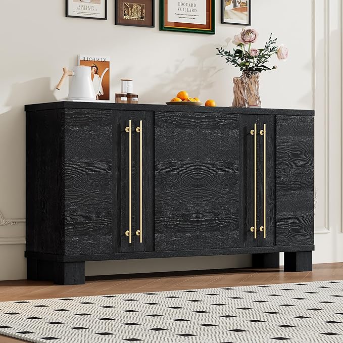 Ball & Cast 60“ Sideboard Buffet Cabinet with Storage,Traditional Coffee Bar Cabinet with 4 Doors and Adjustable Shelves,Wood Side Board Table with Long Gold Handles or Living Room, Kitchen,Navy