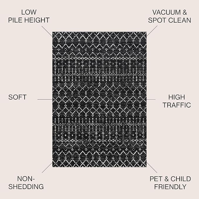 JONATHAN Y Boho Vintage Diamond Black/Ivory Indoor Area Rug 8X10 ft, Moroccan Hype for Living Room, Bedroom, Kitchen, Office, Easy-Cleaning, High Traffic, Pet-Friendly, Non-Shedding (MOH101D-8)