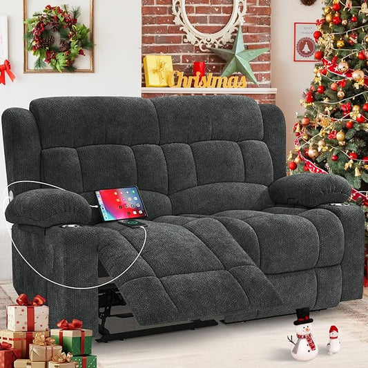 Loveseat Recliner Sofa, 2 Seater Minimalist Style Fabric Manual Pull Tab Reclining Loveseat with USB Charge Ports, Cup Holders, Recliner Love Seat Couches for Living Room, RV, Gray