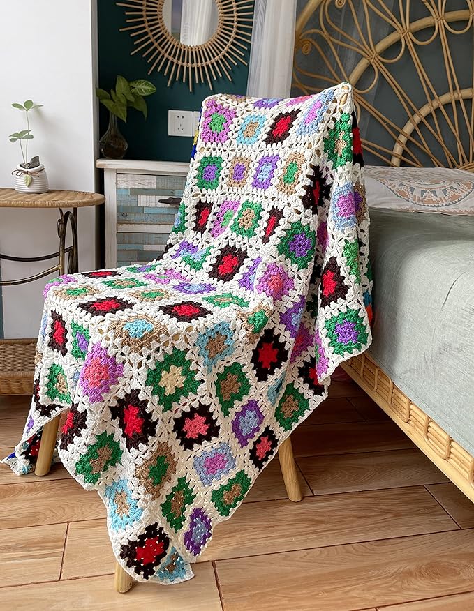 RISEON Handmade Granny Square Crochet Throw Blanket Sweater Style Mat, crochet quilt, multicolor Boho Travel Accent Decor Throw for Sofa Comforter Couch Bed Recliner Living Room Bedroom (White)