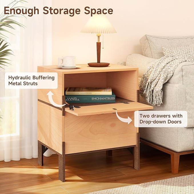 23" Night Stand, Easy Assembly Bedside Table with 2 Storage Drawers, Mid-Century Style Wood End Table for Bedroom, Dormitory, Beech Color (1 pcs)