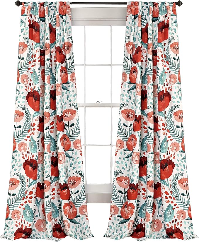 Lush Decor Poppy Garden Curtains Light Filtering Window Set for Living, Dining, Bedroom, 84 in L Panel Pair, Multi