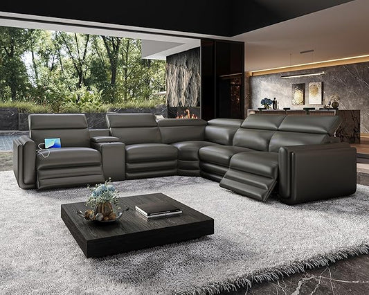 Jocisland Dual Power Recliner, Oversized 5-Seater Sofa with Console, 3 Bluetooth Speakers & Hidden Storage, Modern L Shaped Reclining Couch with 6 Charging Ports - Dark Gray Leathaire