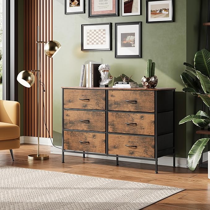WLIVE Dresser for Bedroom with 6 Drawers, Wide Dresser TV Stand for 50 Inches TV, with Fabric Drawers, Metal Frame, Wooden Top, Storage Dressers for Bedroom, Hallway, Entryway, Rustic Brown