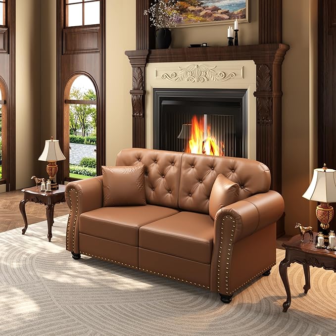 KEIKI 63" Faux Leather Chesterfield Sofa with Rolled Arms & Nailhead Trim, Modern Style 2-Seater Button Tufted Couch with High Resilience Cushion & 2 Pillow, Easy Assembly, for Living Room, Brown