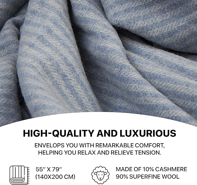 | Cashmere Blend Blanket | 10% Cashmere, 90% Superfine Wool | Ultra-Soft, Warm & Breathable Throw with Fringes | Elegant Bed or Sofa Layer 55"x79" (140 x 200 cm)