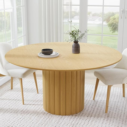 Casaphoria 60" Round Dining Table, Modern Wood Kitchen Table with Cylindrical Wide Bar Protruding Base for Living Room & Dining Room, Easy Assembly Farmhouse Furniture for 4-6, Oak