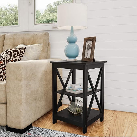 Wooden End Table - Modern Style Sofa Side Table with X-Shape Design and Two Shelves - For Living Room or Bedroom by Lavish Home (Black)