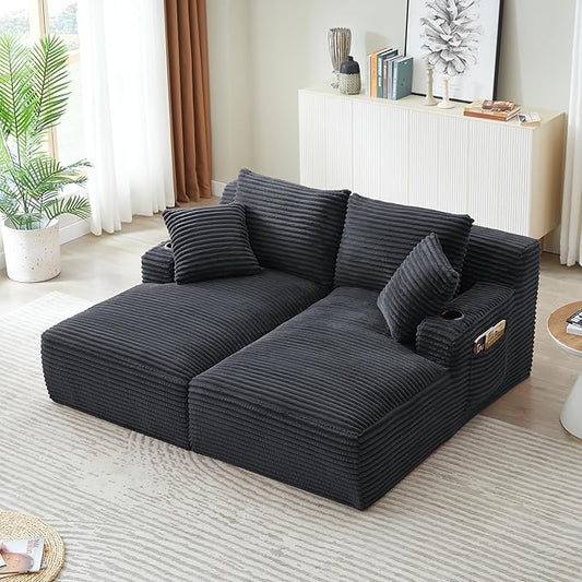 Eafurn Oversized Double Chaise Lounge Indoor with Cup Holders & Side Pocket, 71" Plush Corduroy Boneless Chaise Lounge Sofa with High Density Sponge & Deep High Seat Comfy Sleeper Couch Bed | Breathable material, No Assembly, 52" Deep Seat, 19.7" High ...