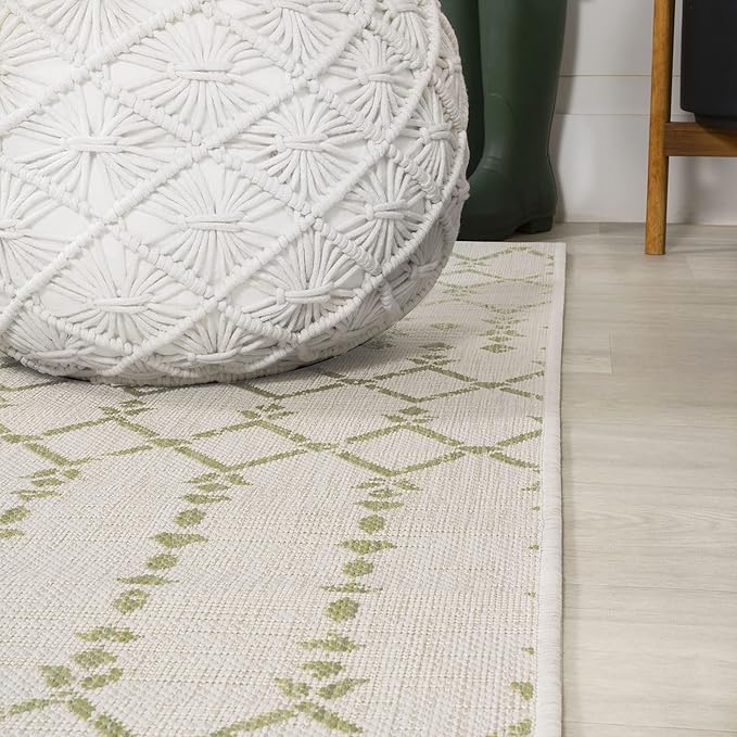 JONATHAN Y Moroccan Geometric Indoor Outdoor Area Rug 8X10 Cream/Green, Ourika Textured Weave for Backyard, Patio, Porch, Easy-Cleaning, High Traffic, Pet-Friendly, Non-Shedding (SMB108M-8)