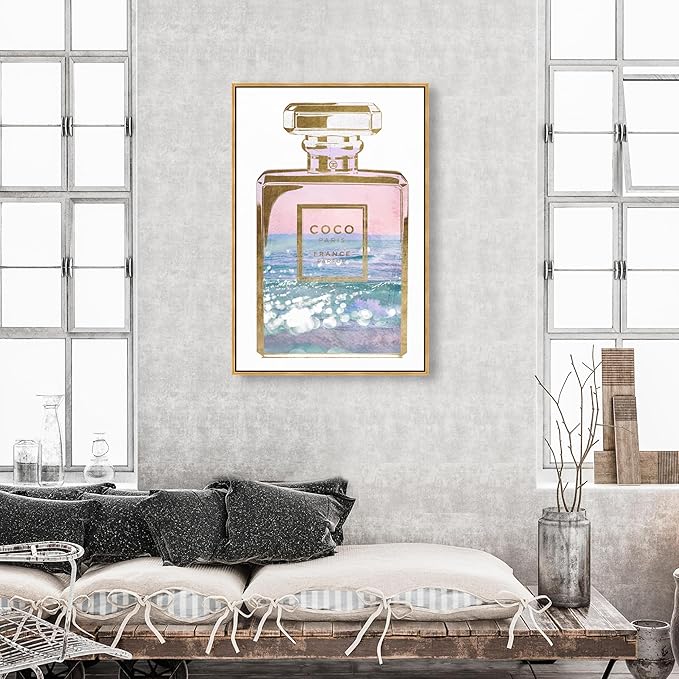 The Oliver Gal Artist Co. Fashion and Glam Wall Art Framed Canvas Prints Blush Ocean Spray Perfume Home Décor, 30" x 45", Gold Floater