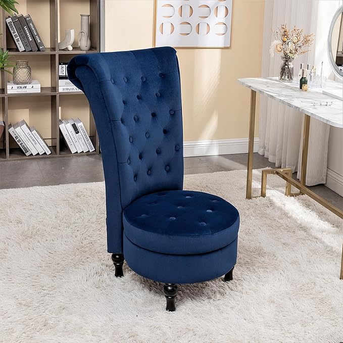 Royal High-Back Velvet Accent Chair for Vanity with Storage and Luxurious Upholstery, Retro Design and Versatile Usage for Living Room, Bedroom, Lounge and Office, Dark Blue