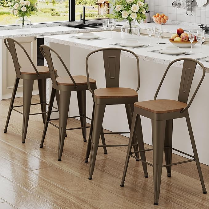 Andeworld Metal Bar Stools Set of 4, 30 inch Bar Height Barstools with Backs Farmhouse Modern High Back Bar Stools with Larger Seat Kitchen Dining Bar Chairs,Rusty