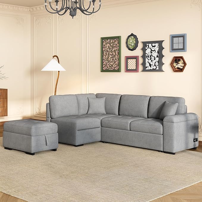 Merax Sofa Bed Sleeper Couch L Shaped Sofa with Storage Ottoman, L-Shape Sectional Couch with Comfortable backrest for Living Room and Small Apartment (Gray)