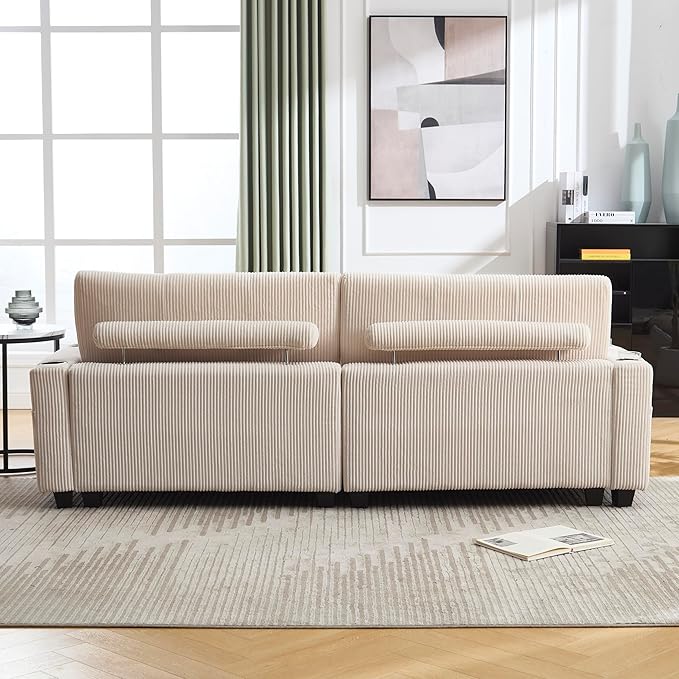 ERYE Oversized Loveseat Sectional Double Lounge Chaise Convertible Sleeper Sofabed, Corduroy Sleeper Loveseat Daybed Indoor Recliner Chair Sofa Bed W/Cupholders & Adjustable Headrests for Living Room