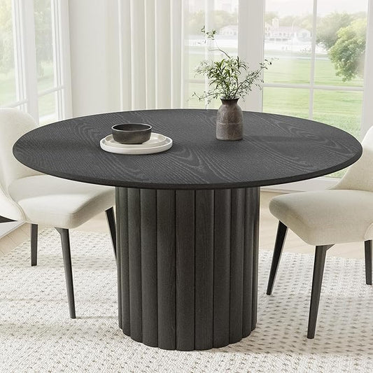 Casaphoria 52" Round Dining Table, Modern Wood Kitchen Table with Wide Column Pedestal Base for Living Room & Dining Room, Easy Assembly Farmhouse Furniture for 4-6, Black
