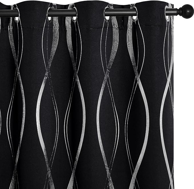 NICETOWN Black Out Window Curtains for Bedroom, Microfiber Noise Reducing Thermal Insulated Wave Line Foil Print Design Blackout Curtains for Office, Classroom (2 Panels, 52 x 45 Inch)