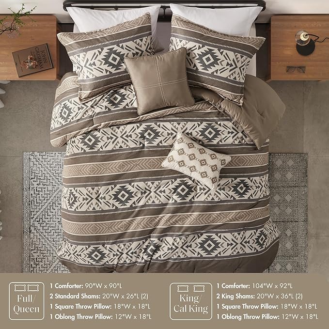 Madison Park Queen Comforter Set, Stripes Herringbone Southwestern Boho Comforters Queen Size, All Season Lightweight & Fluffy Microfiber Bed Set, 2 Décor Pillows, Mariposa, Full/Queen Brown 5 Piece