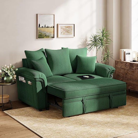 LINSY HOME Sectional Loveseat Sofa with Pull Out Chaise (Green, 62.5'') | USB Charging, Pillow-style Armrest, Multiple Cushions, Side Storage Pockets, Corduroy Fabric