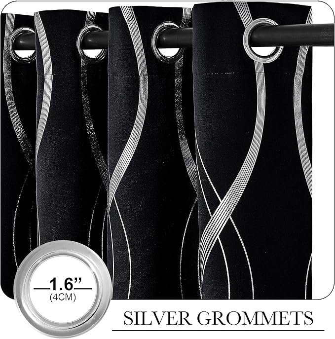 NICETOWN Black Out Curtains 54 inches Long for Small Window, 2 Panels, 42 inches Wide, Foil Printed Wave Lines Thermal Insulated Blackout Drapes for Bedroom Kitchen Loft Cafe