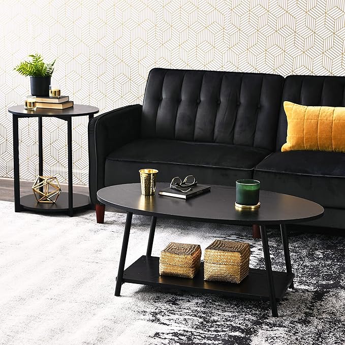 Household Essentials Jamestown Round Side End Table with Storage Shelf Black Oak Wood Grain and Black Metal