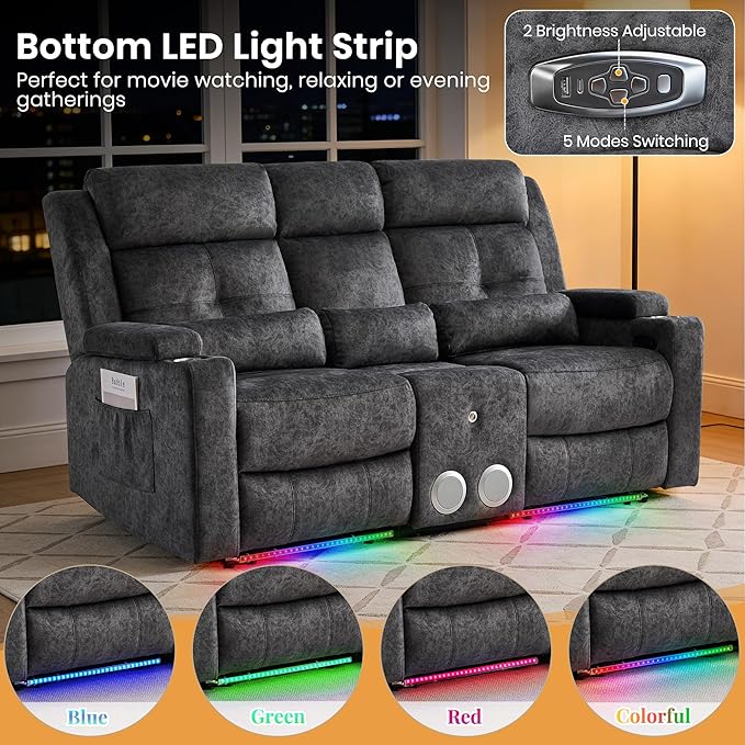 Power Reclining Sofa with 4 LED Lights, Bluetooth Speaker, Power Reclining Loveseat with Drop Down Table,Outlets, 3-Seater Recliner Sofa with Arm/Seat Storage(Grey, Loveseat with Console)