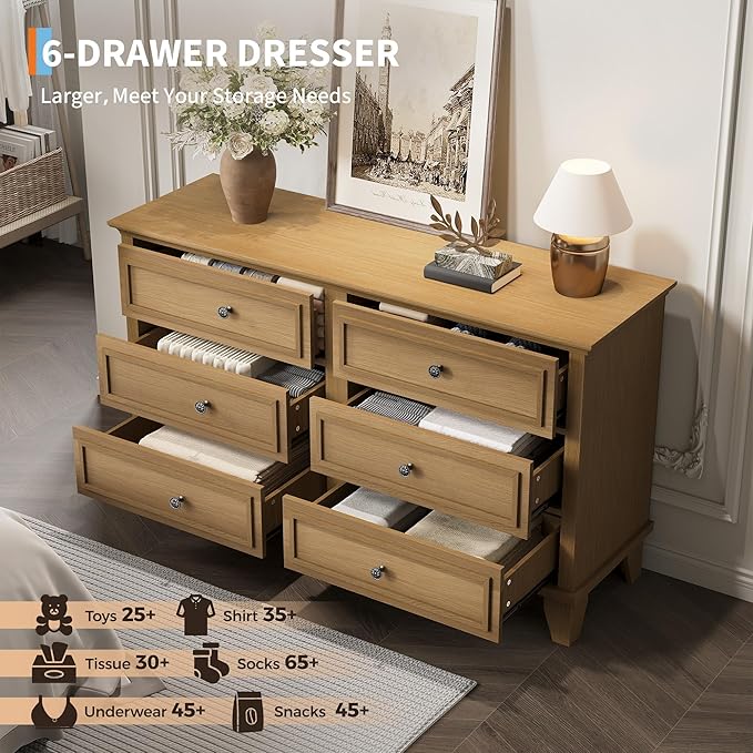 IDEALHOUSE 6 Drawer Dresser, Wooden Storage Chest of Drawers with Exquisite Metal Handles, Large Wide Dresser TV Stand, Modern Drawer Organizer for Bedroom, Living Room, Hallway, Entryway, Brown