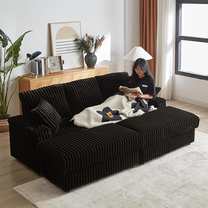 Corduroy Upholstered Modular Sectional Sofa Cloud Couch with Movable Ottoman, 84" Oversized Loveseat Convertible Sleeper Sofabed with 3 Cushion Backrest and Throw Pillows