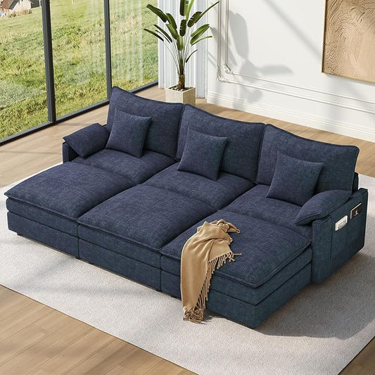 Vesgantti 108" Sectional Sleeper Sofa, 6-Seater Oversized Modular Cloud Couch with Movable Ottoman, Chenille Large Sofa Bed Convertible Deep Seat Couches for Living Room, Bedroom and Apartment, Blue | Sink-in Comfort, Height Adjustable, Easy Rearrangem...