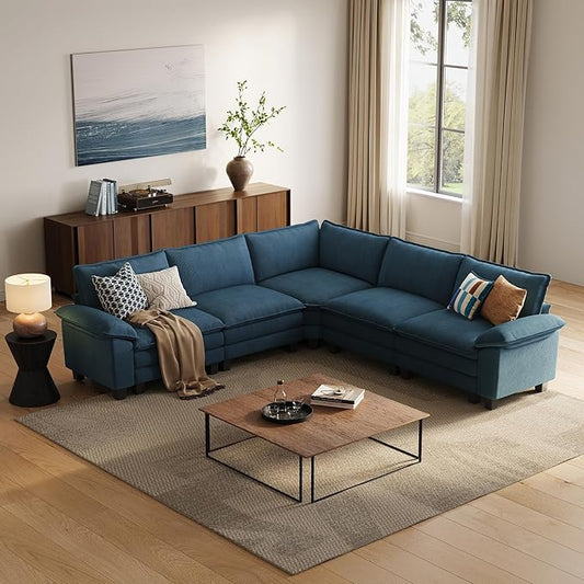 LINSY HOME 119" Modular Sectional Sofa Couch Corduroy Cloud Couches for Living Room, V-Shaped Cloud Couch Sectional Sofas for Bedroom and Apartment, Blue