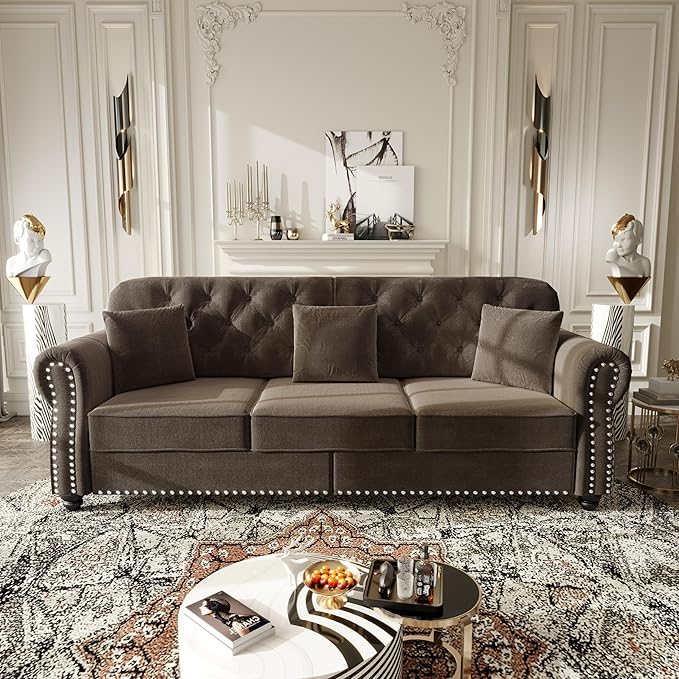KEIKI 2-Piece Chesterfield Sofa Set with 1 Velvet 3-Seater Sofa & 1 Loveseat Sofa, Upholstered 5-Seater Couch Set with Nailhead Trim & Rolled Arms & 1 Ottoman & 5 Pillow, for Living Room, Brown