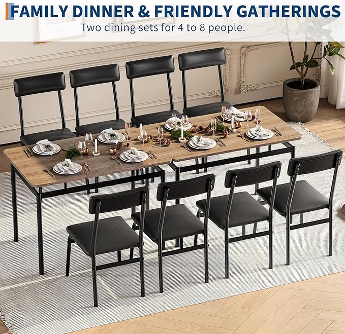 Garvee 5 Piece Dining Table Set, Wooden Kitchen Table Set with 4 PU Upholstered Chair, Industrial Metal Frame Dinette Set for Dining Room, Home Dinner, Party, Apartment, Studio, Black