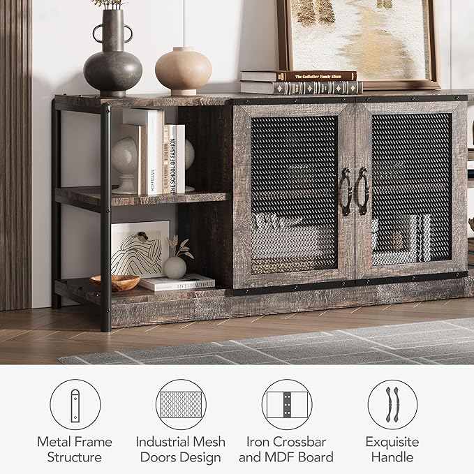 GAOMON Farmhouse TV Stand for 65/75 in TVs, Industrial TV Cabinet with 2 Mesh Doors and 4 Shelves, Vintage TV Console for Living Room, Bedroom, Rustic Oak