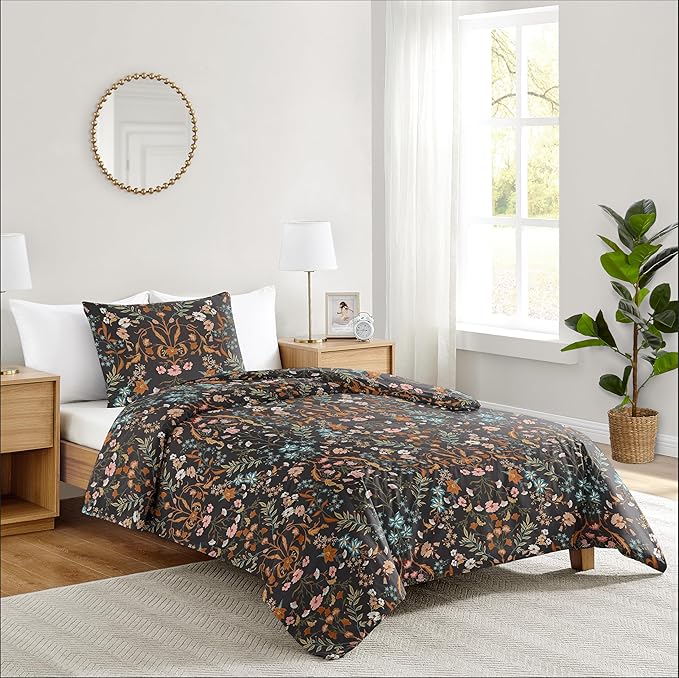 Sweet Jojo Designs 2-Piece Twin Comforter Set (Black Boho Wildflower Floral) for Girls, Teen Kids Bedding, Bed in a Bag incl. Blanket & Pillow Sham (Vintage, Bohemian Farmhouse, Botanical Cottagecore)