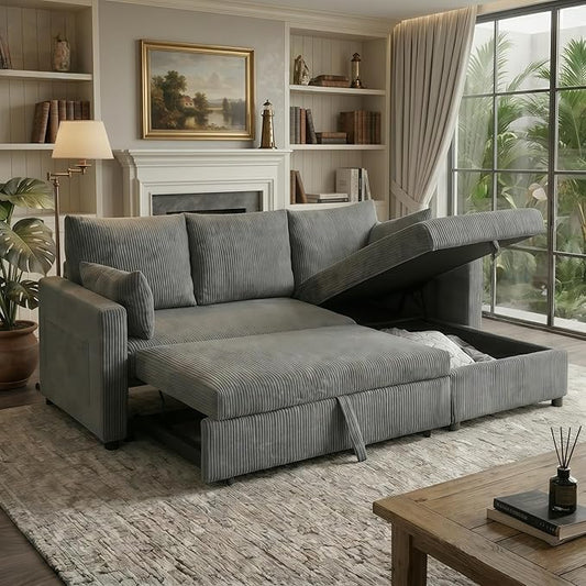 Sectional Sleeper Sofa with Pull Out Bed, L Shape Convertible Sofa Bed Couch with Storage Chaise, 3 in 1 Pull Out Sofa Bed with 3 Seats for Living Room,Apartment, Gray, 85Inch