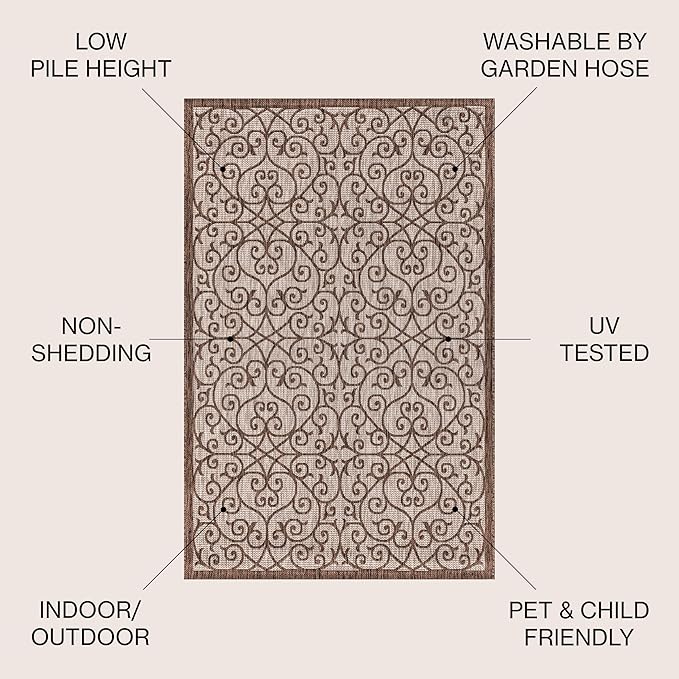 JONATHAN Y Vintage Filigree Indoor Outdoor Area Rug 6X9 Taupe/Espresso, Madrid Textured Weave for Backyard, Patio, Porch, Easy-Cleaning, High Traffic, Pet-Friendly, Non-Shedding (SMB107C-6)