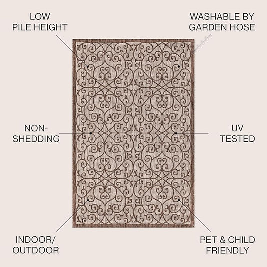 JONATHAN Y Vintage Filigree Indoor Outdoor Square Area Rug 5X5 Taupe/Espresso, Madrid Textured Weave for Backyard, Patio, Porch, Easy-Cleaning, High Traffic, Pet-Friendly, Non-Shedding (SMB107C-5SQ)