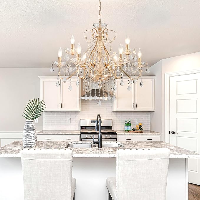 Saint Mossi Gold Crystal Chandelier for Dining Room, 9-Light Modern Chandelier Pendant Light, French Gold Crystal Raindrop Chandelier for Bedroom, Living Room, Foyer, H19 x D24