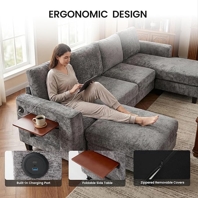 MALOL 118" Sectional U-Shaped Cloud Couch, Modular Modern 4-Seat Sofa, with USB Type C Ports, Foldable Side Table and 2 Ottomans, for Home Living Room, Grey