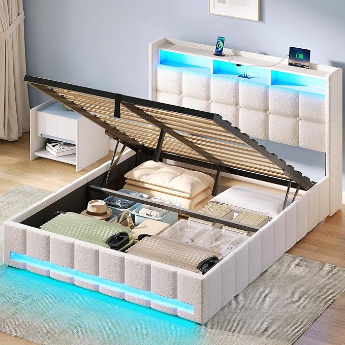 Rolanstar Bed Frame Queen Size with Lift Up Storage, Charging Station & LED Lights, Upholstered Storage Headboard, Heavy Duty Wooden Slats, No Box Spring Needed, Noise Free, Easy Assembly, Beige