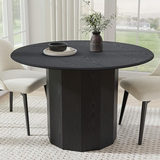 Casaphoria 46" Round Dining Table, Modern Wood Kitchen Table with Cylinder Polygonal Base for Living Room & Dining Room, Easy Assembly Farmhouse Furniture for 4-6, Black