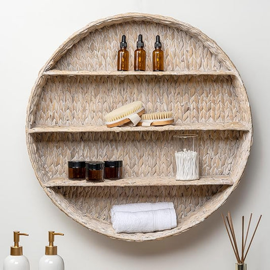happimess WRK1000C Annulus 24.61" 3-Shelf Circular Handwoven Hyacinth Wall Rack, White Wash for Storage and Decoration in Bathroom, Bedroom, Living Room