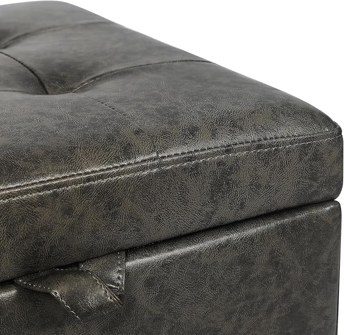 Adeco 15.2" Square Faux Leather Storage Ottoman, Button-Tufted Footrest Stool with Hinged Lid for Living Room & Bedroom Entryway, Upholstered Vanity Seat, Mixed Grey
