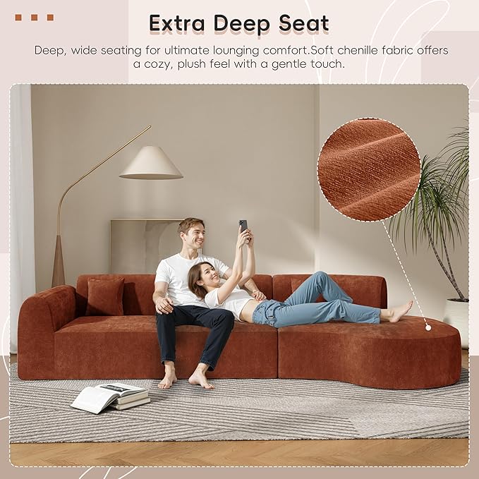 Merax 140" Curved Polyester Sectional Sofa Set, 7 Seat Modern Cloud Couch with Chaise Lounge,3 Pillows, Fully Assembled for Living Room, Orange