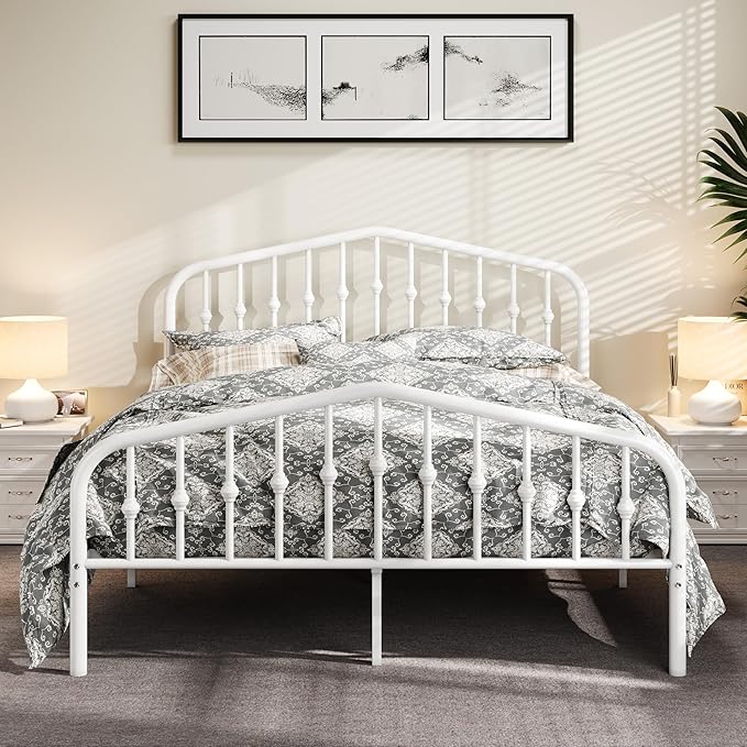 Allewie Queen Size Metal Platform Bed Frame with Vintage Headboard and Footboard, No Box Spring Needed, Easy Assembly, White