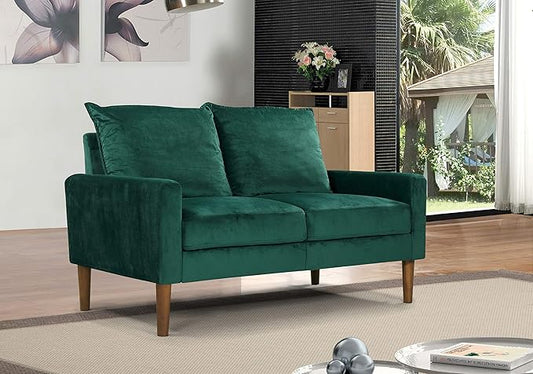 Container Furniture Direct Petit Mid Century Modern Velvet Loveseat for Small Spaces, Upholstered 2 Seater Couch for Living Room and Bedroom, Easy Assembly, Lush Green