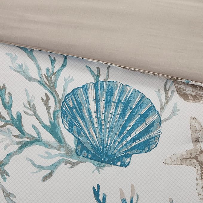 Madison Park Pebble Beach 100% Cotton Comforter Set - Coastal Coral, Starfish Design All Season Down Alternative Cozy Bedding with Matching Shams, Decorative Pillow, Queen(90"x90") Aqua 7 Piece