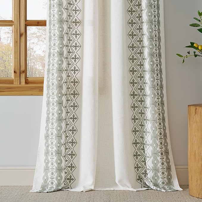 NICETOWN 102" Long Sage Green Embroidered Trim Cream Linen Curtains 2 Panels - Gorgeous Wall Decoration Floor to Ceiling Drapes for Living Room, Boho Style Bronze Grommet Top, W52 x L102